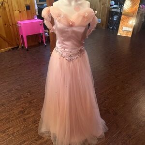 Elegant Pink Off-Shoulder Gown with Floral Details